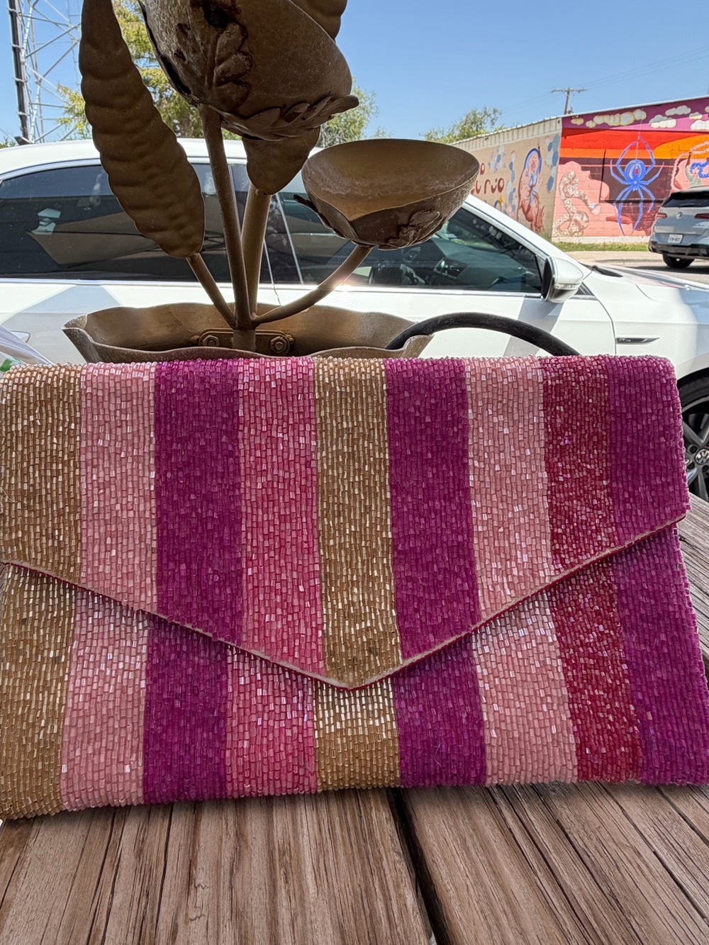 Pink Gold Striped Beaded Envelope Clutch Crossbody Bag